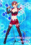  breasts brown_hair cleavage elbow_gloves fingerless_gloves glasses gloves meiko microphone microphone_stand midriff nail_polish navel red_eyes short_hair smile solo thigh-highs thighhighs twintails vocaloid zettai_ryouiki 