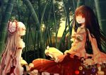 bamboo bamboo_forest bow branch brown_hair forest fujiwara_no_mokou hair_bow hair_ribbon hiyualice houraisan_kaguya jeweled_branch_of_hourai long_skirt multiple_girls nature red_eyes ribbon skirt sunset suspenders touhou white_hair