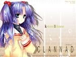  blue_eyes blue_hair book clannad e-nya hair_bobbles hair_ornament ichinose_kotomi long_hair school_uniform thigh-highs twintails two_side_up typo wallpaper 