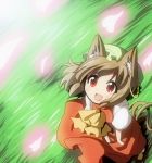  brown_hair cat_ears cat_tail chen cherry_blossoms dress earrings fang field foreshortening from_above glowing grass hat jewelry multi_tail multiple_tails open_mouth petals red_eyes short_hair smile solo suna_(sunaipu) sunaipu tail touhou wind 