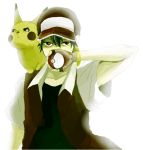  1boy bad_id baseball_cap black_hair hat holding holding_poke_ball kanko_(itokanashi) male pikachu poke_ball pokemon pokemon_(creature) pokemon_(game) pokemon_special red_(pokemon) red_eyes short_hair 