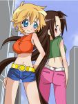  back_to_back belt blonde_hair blue_eyes brown_hair casual denim denim_shorts glasses long_hair looking_back lucky_star midriff panties pantylines patricia_martin red_eyes reverie_(artist) short_hair shorts tamura_hiyori very_long_hair 