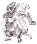 extra_arms highres horns japanese_clothes monochrome monster_girl norihiko original sandals scales tail talons wings 