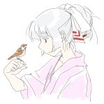  alternate_hairstyle bird bird_on_hand fujiwara_no_mokou hair_ribbon hair_up long_hair mitsumoto red_eyes ribbon silver_hair smile solo touhou 