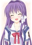  clannad closed_eyes eyes_closed fujibayashi_kyou long_hair purple_hair school_uniform smile summer_uniform 