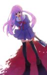  blood gasai_yuno kinuko_(artist) legs mirai_nikki open_mouth pink_hair red_eyes ribbon school_uniform smile solo thigh-highs thighhighs tomobe_kinuko weapon yandere 