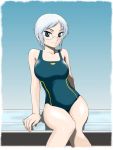  bare_shoulders breasts competition_swimsuit ga-rei ga-rei_zero glasses green_eyes one-piece_swimsuit sabachiyo_land short_hair silver_hair solo swimsuit 