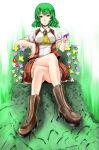  boots breasts cross-laced_footwear crossed_legs cup cupping_glass flower glass green_hair highres kazami_yuuka lace-up_boots plaid plaid_skirt plaid_vest r0g0b0 red_eyes short_hair sitting skirt skirt_set smirk throne touhou wine wine_glass 