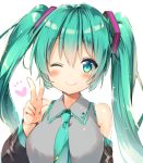  1girl ;) commentary_request detached_sleeves green_eyes green_hair hatsune_miku long_hair looking_at_viewer necktie one_eye_closed riichu smile solo twintails v vocaloid 