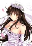 1girl absurdres artist_request bare_shoulders blush breasts bridal_veil brown_eyes brown_hair cleavage dress elbow_gloves gloves highres jewelry kotegawa_yui long_hair looking_at_viewer necklace petals solo to_love-ru to_love-ru_darkness upper_body veil wedding_dress white_gloves 