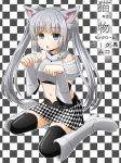  1girl animal_ears black_legwear blue_eyes blush boots breastplate cat_ears checkered hair_ornament long_hair miss_monochrome miss_monochrome_(character) navel open_mouth silver_hair skirt solo thigh-highs twintails udan very_long_hair 