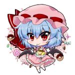  1girl bat_wings blue_hair chibi commentary_request hat looking_at_viewer mob_cap noai_nioshi pudding red_eyes remilia_scarlet short_hair smile solo touhou wings 
