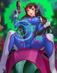  1girl alternate_eye_color bangs bodysuit boots bracer breasts breasts_apart brown_hair bunny_print charm_(object) covered_navel cowboy_shot d.va_(overwatch) facepaint facial_mark gloves gun hand_up handgun headphones highres holding holding_gun holding_weapon hologram holographic_interface large_breasts lips long_hair long_sleeves mecha meka_(overwatch) open_mouth overwatch pauldrons pilot_suit pink_lips ribbed_bodysuit shoulder_pads sitting skin_tight smile solo spread_legs teeth thigh-highs thigh_boots thigh_strap turtleneck weapon whisker_markings white_boots white_gloves yellow_eyes 