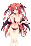  1girl alternate_hairstyle ass_visible_through_thighs bat_wings bikini black_bikini blush braid breasts cleavage collarbone demon_tail eyebrows eyebrows_visible_through_hair front-tie_bikini front-tie_top head_wings heart heart-shaped_pupils highres koakuma large_breasts long_hair looking_at_viewer maturiuta_sorato navel open_mouth red_eyes redhead side-tie_bikini simple_background smile solo swimsuit symbol-shaped_pupils tail touhou twintails very_long_hair white_background white_hair wings 