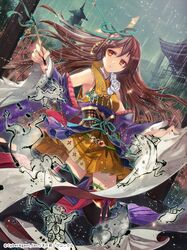  1girl asymmetrical_legwear bear brown_eyes brown_hair calligraphy_brush detached_sleeves dress expressionless flower frog hair_ornament japanese_clothes kyouka_hatori long_hair pagoda paintbrush pleated_dress rabbit rain scroll tenka_touitsu_chronicle thigh-highs wolf 