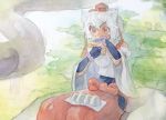  1girl animal_ears detached_sleeves eating food hakama hat highres inubashiri_momiji japanese_clothes onigiri outdoors pom_pom_(clothes) pororikin red_eyes short_hair sitting solo tokin_hat touhou traditional_media watercolor_(medium) white_hair wolf_ears 