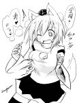  +_- 1girl animal_ears blush breasts detached_sleeves fang hat inubashiri_momiji large_breasts monochrome one_eye_closed open_mouth pom_pom_(clothes) short_hair signature simple_background solo speech_bubble tail taurine_8000mg tokin_hat touhou translation_request twitter_username white_background wolf_ears wolf_tail 