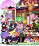  &gt;_&lt; 6+girls :3 asphyxiation bat_wings bird black_hair blue_eyes blue_hair braid brown_hair cellphone chicken choking closed_eyes double_bun eating egg flying frog_hair_ornament futatsuiwa_mamizou gap glasses green_hair hair_ornament hakurei_reimu hard-boiled_egg hat hata_no_kokoro heterochromia highres horns ibaraki_kasen ibuki_suika izayoi_sakuya jealous kaenbyou_rin kirisame_marisa kochiya_sanae kuchibashi_(9180) lap_pillow looking_up luna_child minigirl multiple_girls on_roof orange_eyes orange_hair phone pink_hair raccoon_tail red_eyes reiuji_utsuho remilia_scarlet silver_hair sleeping smartphone snake_hair_ornament star_sapphire sukuna_shinmyoumaru sunny_milk tail taking_picture tatara_kogasa tongue tongue_out touhou tray tsukumogami twin_braids twintails umbrella usami_sumireko wings witch_hat yellow_eyes 