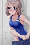  1girl blue_eyes blush breasts brown_hair competition_swimsuit gakuto_96 highres locker love_live! love_live!_sunshine!! one-piece_swimsuit open_mouth short_hair skirt skirt_pull solo sweatdrop swimsuit undressing watanabe_you 