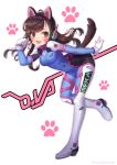  1girl acronym animal_ears artist_name bangs blush bodysuit boots bracer breasts brown_eyes brown_hair bunny_print cat_ears character_name d.va_(overwatch) facepaint facial_mark fake_animal_ears fang full_body gloves hanato_(seonoaiko) hand_up headphones kemonomimi_mode leaning_forward leg_up long_hair long_sleeves medium_breasts open_mouth overwatch pauldrons paw_pose pilot_suit ribbed_bodysuit shoulder_pads skin_tight smile solo standing standing_on_one_leg tail thigh-highs thigh_boots thigh_strap turtleneck twitter_username whisker_markings white_boots white_gloves 