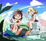  3girls alternate_costume animal_ears bell blonde_hair blue_hair cat_ears cat_tail chen cirno closed_eyes clouds fan food fruit hat hot kirisame_marisa moyazou_(kitaguni_moyashi_seizoujo) multiple_girls multiple_tails no_hat no_headwear partially_submerged plant sweat tail touhou two_tails water watermelon yellow_eyes 