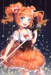  1girl :d absurdres bangs bare_shoulders blue_eyes blush bow breasts collarbone cowboy_shot dress frilled_dress frills hair_intakes hair_ornament hair_ribbon highres holding_microphone idolmaster jewelry layered_dress looking_at_viewer microphone microphone_stand necklace off-shoulder_dress off_shoulder open_mouth orange_dress orange_hair red_bow ribbon small_breasts smile solo sparkle_background star star_hair_ornament takatsuki_yayoi teeth thigh-highs twintails underbust yuhuan 