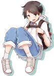  1girl :d alternate_costume backpack bag black_hair casual green_eyes hair_ornament hairclip highres kantai_collection looking_at_viewer mogami_(kantai_collection) okitsugu open_mouth shoes short_hair simple_background smile sneakers socks solo watch watch white_background white_legwear 