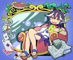  1girl black_hair book card horns kijin_seija miracle_mallet moyazou_(kitaguni_moyashi_seizoujo) multicolored_hair mushroom playing_card pocket_watch red_eyes redhead sandals sitting solo streaked_hair tongue tongue_out touhou tree watch white_hair 