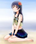  1girl bare_shoulders barefoot blue_hair blush flower hair_flower hair_ornament looking_at_viewer love_live! love_live!_school_idol_project navel sitting solo sonoda_umi udan wariza wet yellow_eyes 