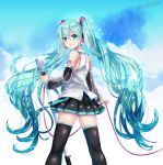  1girl absurdres aqua_eyes aqua_hair clouds detached_sleeves error from_behind hatsune_miku headset highres long_hair microphone microphone_stand omoomomo skirt sky solo thigh-highs twintails very_long_hair vocaloid 