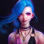 1girl bare_shoulders blue_hair bullet bullet_necklace grin highres irakli_nadar jewelry jinx_(league_of_legends) league_of_legends lips lipstick long_hair looking_at_viewer makeup necklace nose o-ring_top pink_eyes purple_lipstick smile solo tattoo upper_body 