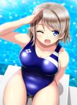  1girl blue_eyes breasts brown_hair competition_swimsuit looking_up love_live! love_live!_sunshine!! one-piece_swimsuit one_eye_closed pool salute sekai_saisoku_no_panda short_hair solo swimsuit watanabe_you water 
