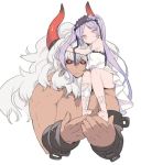  1boy 1girl asterios_(fate/grand_order) bangs bare_shoulders bent_knees black_ribbon black_sclera blade_(galaxist) closed_mouth corsage dress earrings euryale eyebrows eyebrows_visible_through_hair fate/grand_order fate/hollow_ataraxia fate_(series) flower fluffy hair_ribbon hairband horns jewelry lolita_hairband long_hair looking_at_viewer purple_hair red_eyes ribbon ribbon_trim shirtless sitting sitting_on_person sitting_on_shoulder strapless strapless_dress twintails very_long_hair violet_eyes white_dress white_hair 