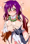  1girl bare_shoulders bead_necklace beads blush breasts brown_eyes brown_hair bwell cleavage closed_mouth commentary_request covering covering_breasts cowboy_shot dress flying_sweatdrops gradient_hair highres hijiri_byakuren jewelry large_breasts leaning_forward long_hair looking_at_viewer multicolored_hair necklace prayer_beads purple_hair sidelocks solo sweat torn_clothes touhou very_long_hair 