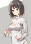  1girl 2016 :o big_wednesday blush breasts brown_hair cleavage cleavage_cutout dated eyebrows eyebrows_visible_through_hair grey_background long_sleeves looking_at_viewer open-chest_sweater original parted_lips shiny shiny_skin simple_background solo striped sweater tareme turtleneck upper_body vertical_stripes 