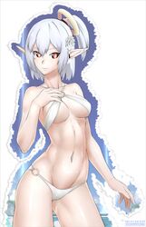  1girl breasts collarbone contrapposto ebr-kii elf flower hair_flower hair_ornament navel o-ring_bikini o-ring_top pointy_ears ponytail red_eyes silver_hair sky solo 