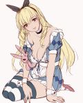  1girl alice_(wonderland)_(cosplay) apron arm_support bare_shoulders breasts choker collarbone green_eyes large_breasts looking_at_viewer q_azieru simple_background sitting sketch solo stuffed_toy thigh-highs white_background wrist_cuffs 