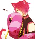  1boy animal_ears boris_airay cat_ears chain collar earrings feather_boa fingerless_gloves gloves hair_over_one_eye heart_no_kuni_no_alice jewelry piercing pink_hair short_hair tail yellow_eyes 