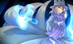  1girl blonde_hair blue_fire closed_mouth dress fire fox_tail frilled_sleeves frills glowing glowing_eyes hands_in_sleeves hat kyuubi long_sleeves looking_at_viewer multiple_tails pillow_hat short_hair solo tabard tail touhou uchisukui white_dress wide_sleeves yakumo_ran yellow_eyes 