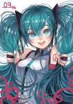  1girl :d adjusting_hair commentary_request detached_sleeves green_eyes green_hair hatsune_miku highres long_hair looking_at_viewer navel open_mouth smile solo twintails vocaloid window1228 