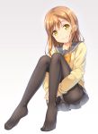  1girl black_legwear brown_hair gradient gradient_background kunikida_hanamaru leg_hug long_hair long_sleeves looking_at_viewer love_live! love_live!_sunshine!! panties panties_under_pantyhose pantyhose pantyshot pleated_skirt school_uniform serafuku skirt smile uehara_yukihiko underwear yellow_eyes 