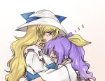  2girls blonde_hair blush breast_pillow closed_eyes hair_ribbon hat hug long_hair multiple_girls ponytail purple_hair ribbon shamisen_(syami_sen) siblings sisters touhou watatsuki_no_toyohime watatsuki_no_yorihime 