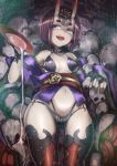  1girl alcohol commentary_request fangs fate/grand_order fate_(series) hair_ornament highres horns japanese_clothes looking_at_viewer navel ohtanian oni open_mouth pale_skin sakazuki sake shuten_douji_(fate/grand_order) skull solo 