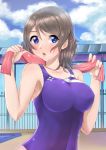  1girl absurdres blue_eyes blush breasts brown_hair competition_swimsuit highres lips love_live! love_live!_sunshine!! one-piece_swimsuit pool short_hair solo swimsuit towel watanabe_you 