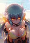  1girl absurdres aqua_hair beach bikini bow breasts cleavage collarbone fate/grand_order fate_(series) hair_bow highres horns japanese_clothes kengzeta kimono kiyohime_(fate/grand_order) large_breasts low_twintails obi sash smile solo swimsuit twintails upper_body water yellow_eyes 