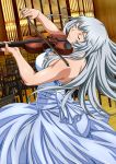  1girl bare_back blue_dress chouun_shiryuu closed_eyes dress from_behind hair_over_shoulder ikkitousen indoors instrument long_hair music open-back_dress playing_instrument silver_hair solo violin 