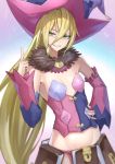  1girl bare_shoulders blonde_hair corset detached_collar detached_sleeves elf flat_chest fur_collar fur_trim green_eyes hand_on_hip hat long_hair magilou_(tales) pointy_ears shijiu_(adamhutt) smirk solo tales_of_(series) tales_of_berseria witch_hat 
