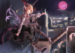  1girl bat bat_wings black_skirt blonde_hair collared_shirt flower frills full_moon granblue_fantasy head_wings highres long_hair moon open_mouth pointy_ears red_eyes red_moon rose saraki shingeki_no_bahamut shirt skirt solo tail vampire vampy white_shirt wings 