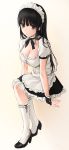  1girl apron black_eyes black_hair black_shoes breasts brown_background cleavage collarbone full_body gradient gradient_background highres juenny kneehighs large_breasts leaning_forward long_hair looking_at_viewer maid maid_apron maid_headdress neck_ribbon original parted_lips puffy_short_sleeves puffy_sleeves ribbon shoes short_sleeves simple_background sitting solo waist_apron white_background white_legwear wrist_cuffs 