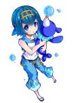  1girl :o baggy_pants bangs bare_shoulders blue_eyes blue_hair blush bubble closed_eyes eyebrows_visible_through_hair feet full_body hair_between_eyes hair_ornament highres hug ishimu looking_at_viewer open_mouth pants pokemon pokemon_(game) pokemon_sm popplio short_hair simple_background sleeveless slippers solo suiren_(pokemon) swimsuit swimsuit_under_clothes trial_captain white_background 